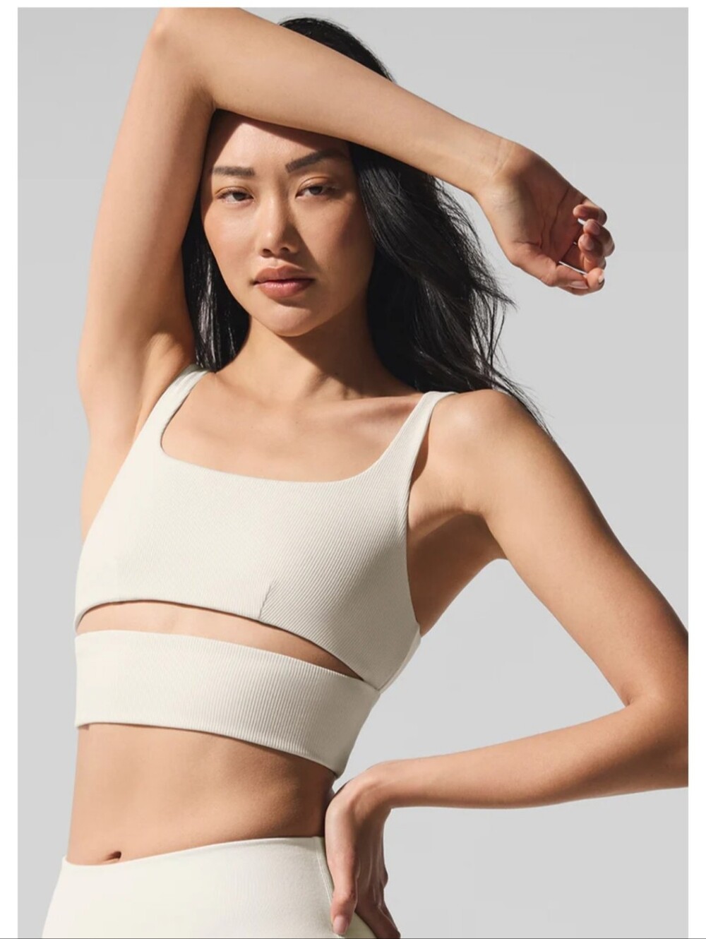 Alo Yoga Slit Longline Ribbed Sports Bra Beige Bone Md